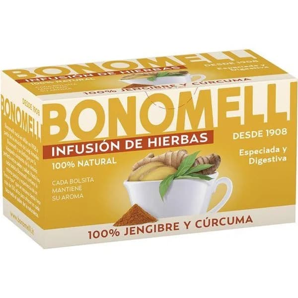 Infusión de jengibre y cúrcuma BONOMELLI, caja 16 sobres - 1 ud - Imagen del producto en Findit