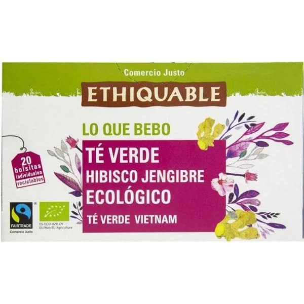Té verde con hibisco y jengibre bio ETHIQUABLE, caja 20 sobres - 1 ud - Imagen del producto en Findit
