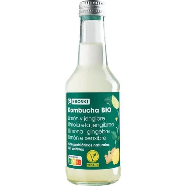 Kombucha de limón y jengibre EROSKI, botella 250 ml - 1 ud - Imagen del producto en Findit