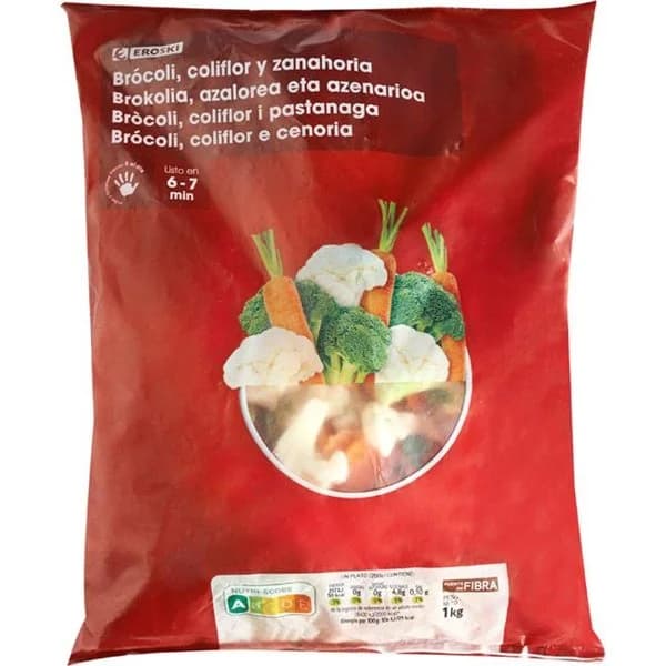 Mix de brocoli, coliflor y zanahoria EROSKI, bolsa 1 kg - 1 ud - Imagen del producto en Findit