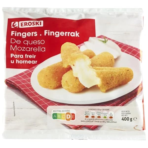 Fingers de mozzarella EROSKI, bolsa 400 g - 1 ud - Imagen del producto en Findit
