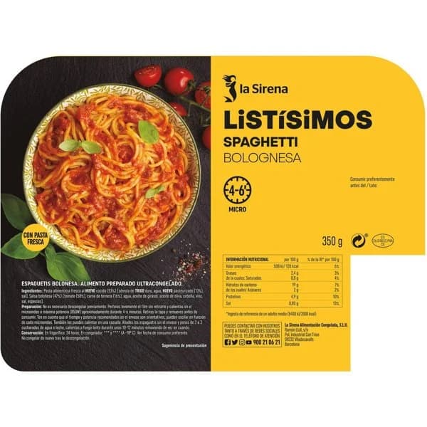 Spagheti a la bolognesa LA SIRENA, bandeja 350 g - 1 ud - Imagen del producto en Findit