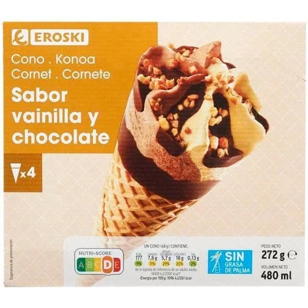 Cono grande de vainilla y chocolate EROSKI, pack 4x120 ml - 0.48 l - Imagen del producto en Findit