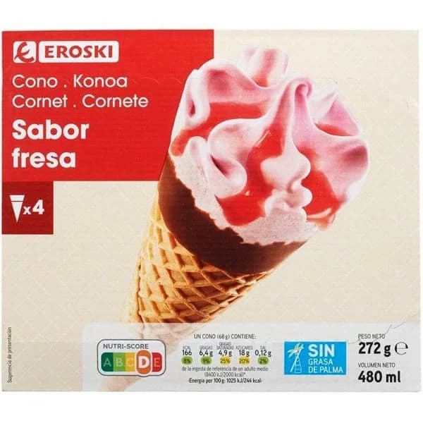 Cono grande de fresa EROSKI, pack 4x120 ml - 0.48 l - Imagen del producto en Findit