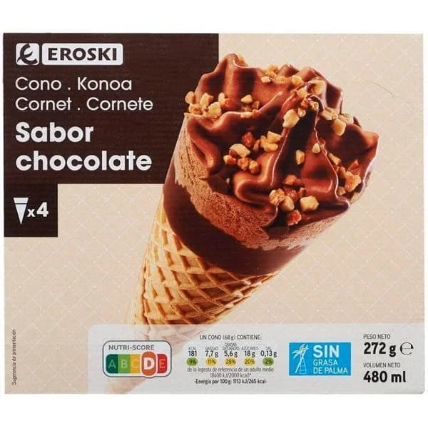 Cono grande de chocolate EROSKI, pack 4x120 ml - 0.48 l - Imagen del producto en Findit