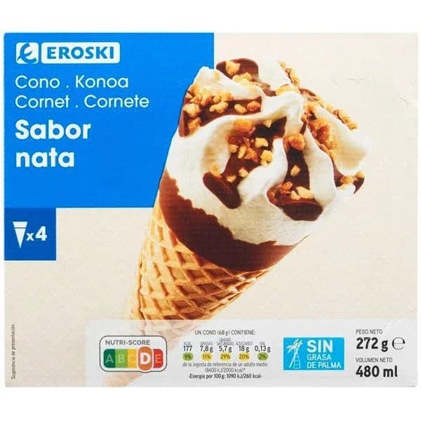 Cono grande de nata EROSKI, pack 4x120 ml - 0.48 l - Imagen del producto en Findit