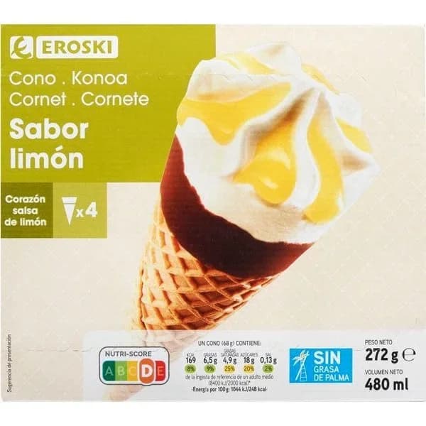 Cono grande de limón EROSKI, pack 4x120 ml - 0.48 l - Imagen del producto en Findit