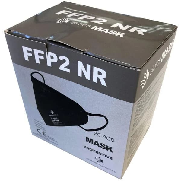 Mascarilla negra FFP2 NR ATAL, 20 uds Uso personal.Mod LG-DFM-01.Norma UNE-EN 149:2001+A1:2009.CE2163.Cumple Reglam (UE)2016/425 EPI. Imp.ATAL INNOVATIONS SL, C/Iturriondo,Ed Local 1,2 PAE Ibarrabarri 48940 Leioa-Bizkaia.946855600-info@atalinnovations.com.CIF B95941936.DFB <95% - 1 ud - Imagen del producto en Findit
