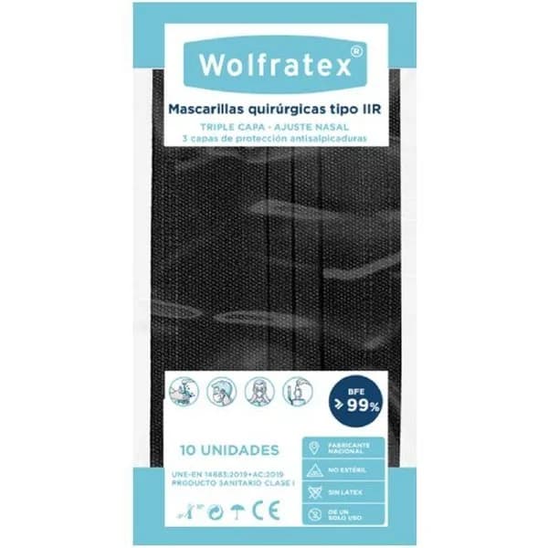 Mascarilla Quir IIR adulto negra WOLFRATEX, paquete 10 uds UNE 0064-1:2021-P1.BFE:95%,Resp: <60 Pa/cm2. Ensayos EN 14683:2019+AC:2019. Reg (UE) 2017/745.Inf22040730-AITEX.3capas: 1.Ext.:Non-wov hidr.2.interm:melt bl.3.int:Non wov hidr. Wolfratex,SL.BºSan Juan-Pol.Larramendi,20570 Bergara-Gipuzkoa.www.wolfratex.com - 1 ud - Imagen del producto en Findit