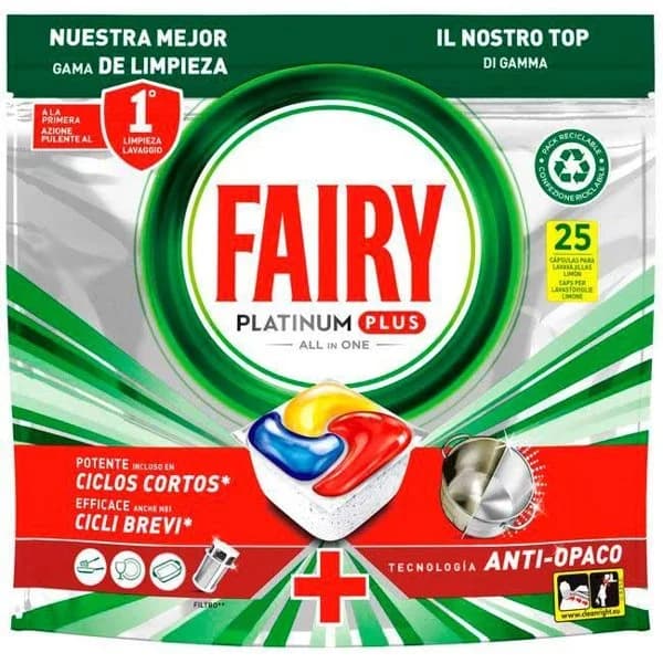 Lavavajillas máquina FAIRY PLATINUM PLUS, bolsa 25 dosis - 25 ud - Imagen del producto en Findit
