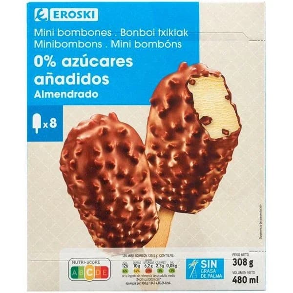 Mini bombón almendrado EROSKI, pack 8x60 ml - 0.48 l - Imagen del producto en Findit