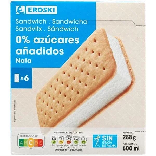 Sandwich de nata sin azúcar EROSKI, pack 6x100 ml - 0.6 l - Imagen del producto en Findit
