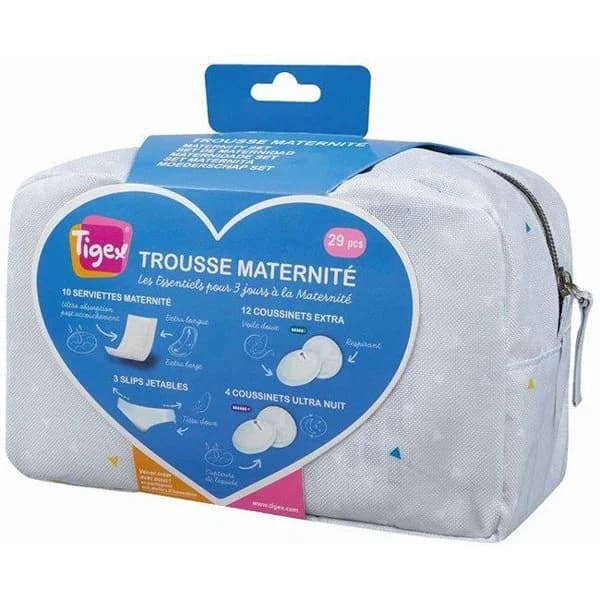 Set maternidad para hospital, contiene un neceser, 10 compresas maternales, 12 discos lactancia extra, 3 braguitas desechables y 4 discos lactancia ultra, TIGEX - 1 ud - Imagen del producto en Findit