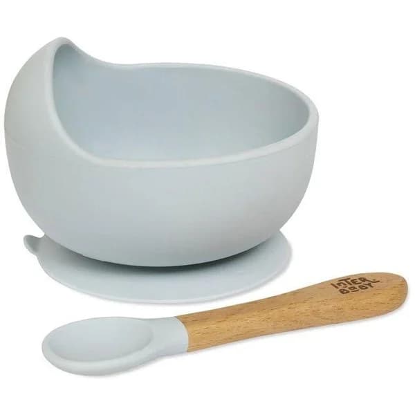 Cuenco de silicona azul con ventosa y cuchara con mango madera de haya INTERBABY - 1 ud - Imagen del producto en Findit