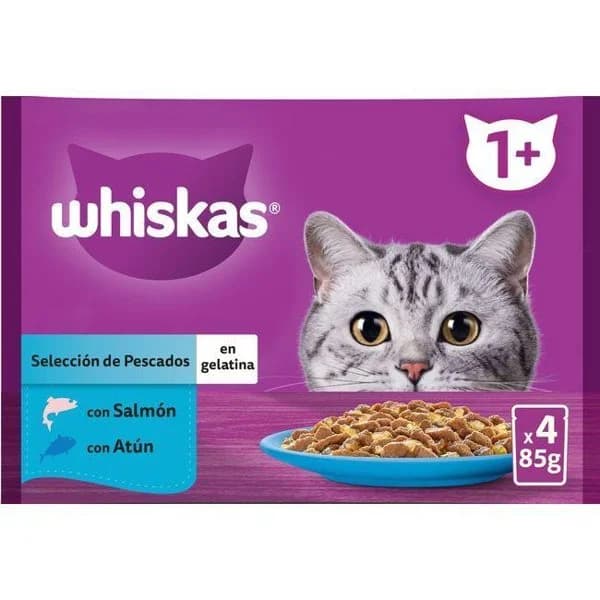 Gelatina de pescado para gato WHISKAS, pack 4x85 g - 1 ud - Imagen del producto en Findit