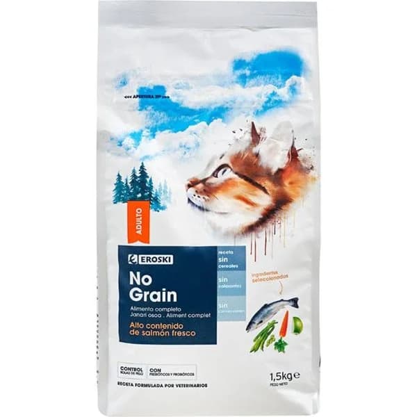 Alimento de salmón para gato no grain EROSKI, saco 1,5 kg - 1 ud - Imagen del producto en Findit
