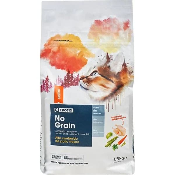 Alimento de pollo no grain para gato EROSKI, saco 1,5 kg - 1 ud - Imagen del producto en Findit
