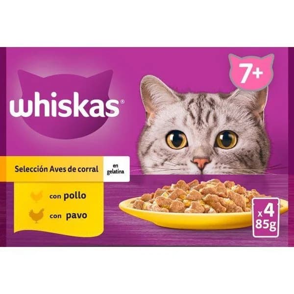 Gelatinas de aves para gatos +7 WHISKAS, pack 4x85 g - 1 ud - Imagen del producto en Findit