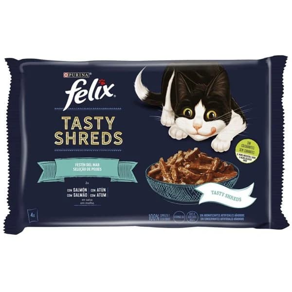 Tasty Shreds festín del mar con atún y salmón FÉLIX, pack 4x80 g - 1 ud - Imagen del producto en Findit