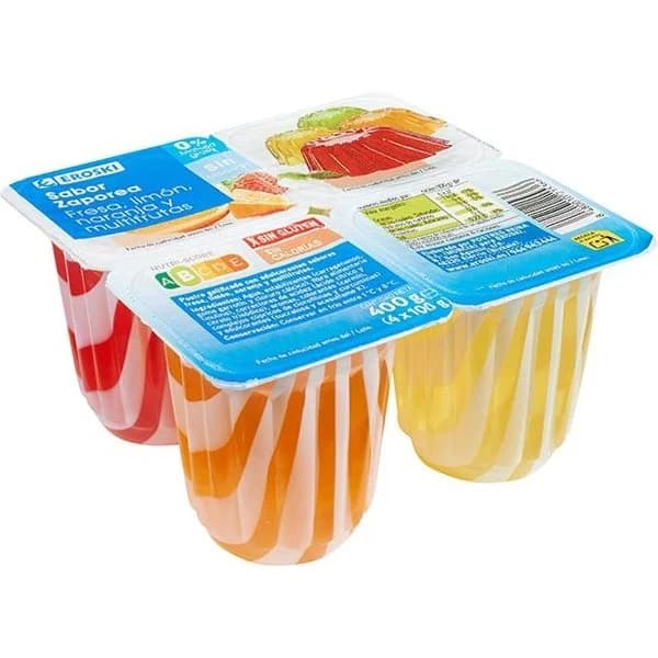 Postre gelificado Mix 0% de sabores EROSKI, pack 4x100 g - 0.4 kg - Imagen del producto en Findit