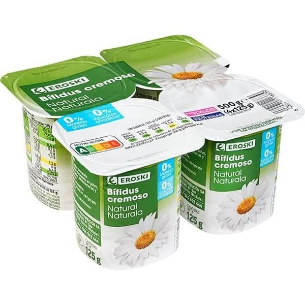 Bífidus cremoso natural 0% EROSKI, pack 4x125 g - 1 ud - Imagen del producto en Findit