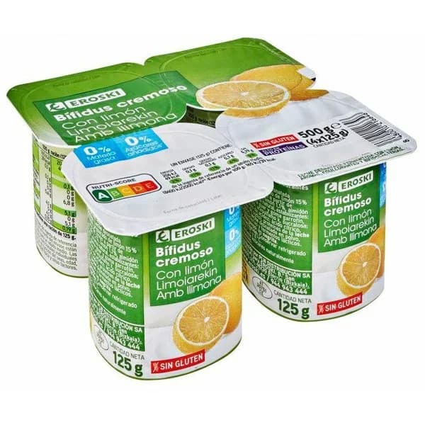 Bífidus cremoso limón 0% EROSKI, pack 4x125 g - 1 ud - Imagen del producto en Findit