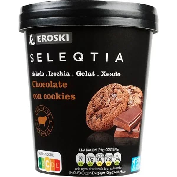 Helado de chocolate con cookies SELEQTIA, tarrina 390 g - 0.39 kg - Imagen del producto en Findit