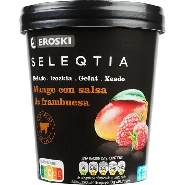 Helado de mango con salsa de frambuesa SELEQTIA, tarrina 390 g - 0.39 kg - Imagen del producto en Findit