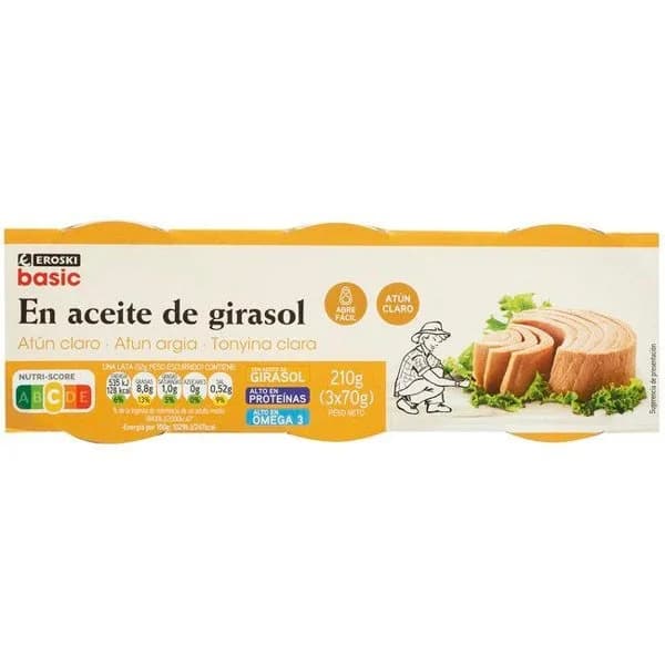 Atún claro en aceite vegetal EROSKI BASIC, pack 3x70 g - 1 ud - Imagen del producto en Findit