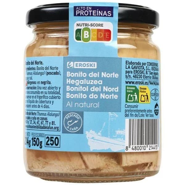 Bonito del norte al natural EROSKI, frasco 150 g - 1 ud - Imagen del producto en Findit