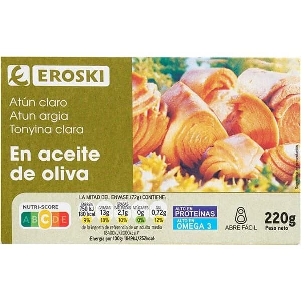 Atún claro en aceite de oliva EROSKI, lata 220 g - 1 ud - Imagen del producto en Findit