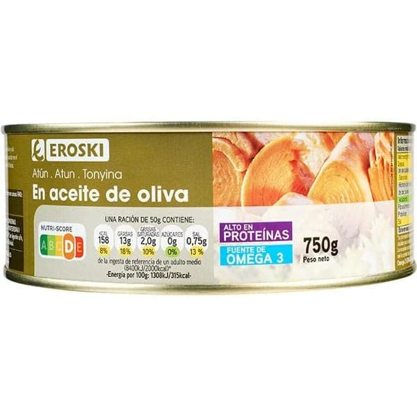 Atún en aceite de oliva EROSKI, lata 750 g - 1 ud - Imagen del producto en Findit