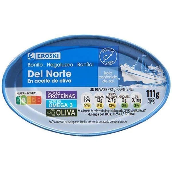 Bonito en aceite de oliva bajo en sal EROSKI, lata 111 g - 1 ud - Imagen del producto en Findit
