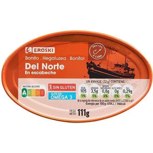 Bonito en escabeche EROSKI, lata 111 g - 1 ud - Imagen del producto en Findit