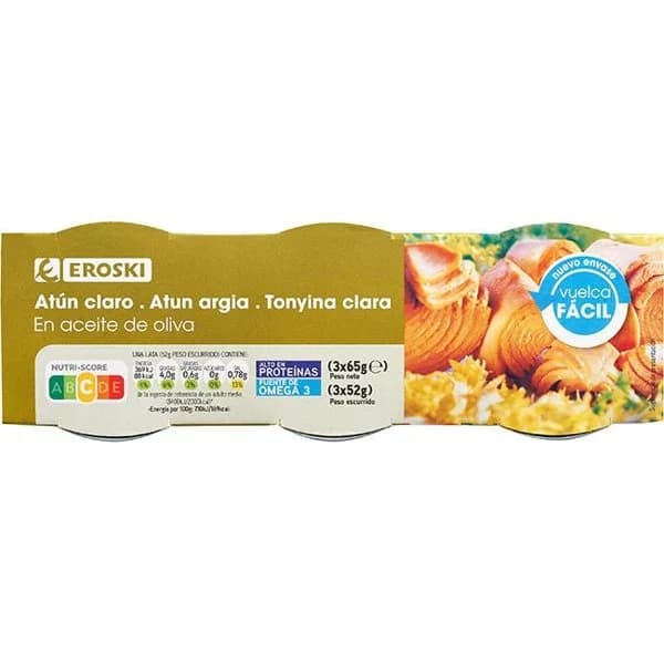 Atún claro en aceite de oliva EROSKI, pack 3x65 g - 1 ud - Imagen del producto en Findit