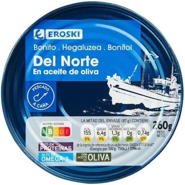 Bonito en aceite de oliva EROSKI, lata 266 g - 1 ud - Imagen del producto en Findit