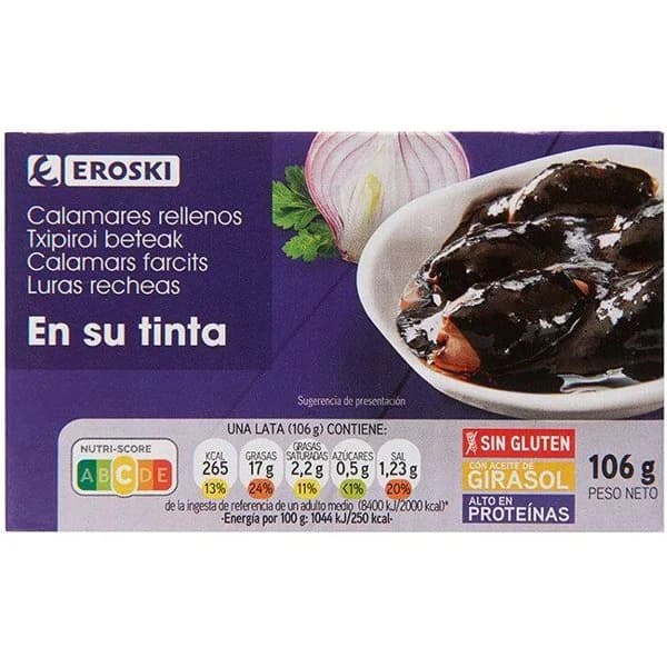 Chipirón en su tinta EROSKI, lata 106 g - 1 ud - Imagen del producto en Findit