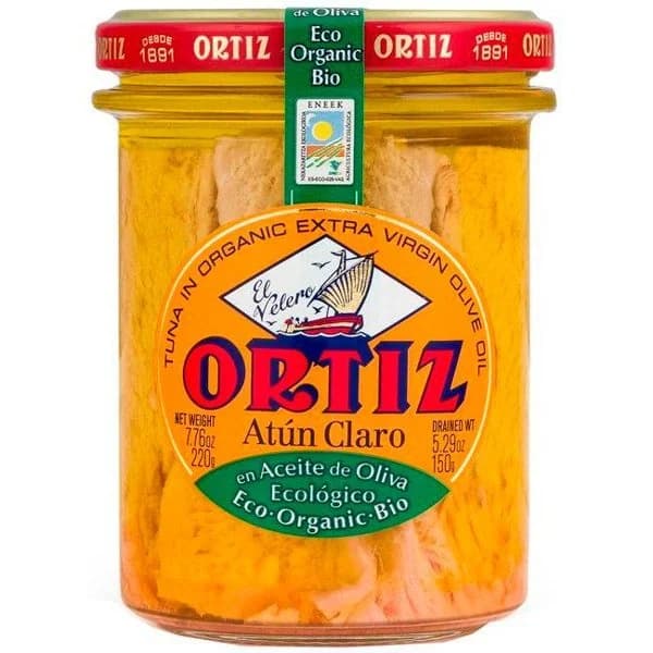 Atún claro en aceite oliva ecológico ORTIZ, frasco 220 g - 1 ud - Imagen del producto en Findit