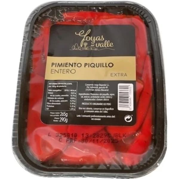 Pimiento de piquillo extra entero JOYAS DEL VALLE, tarrina 265 g - 1 ud - Imagen del producto en Findit