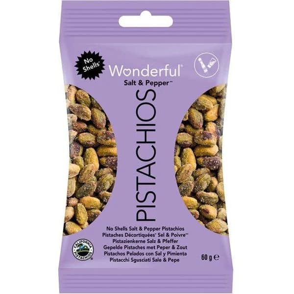 Pistachos pelados con sal y pimienta WONDERFUL, bolsa 60 g - 1 ud - Imagen del producto en Findit