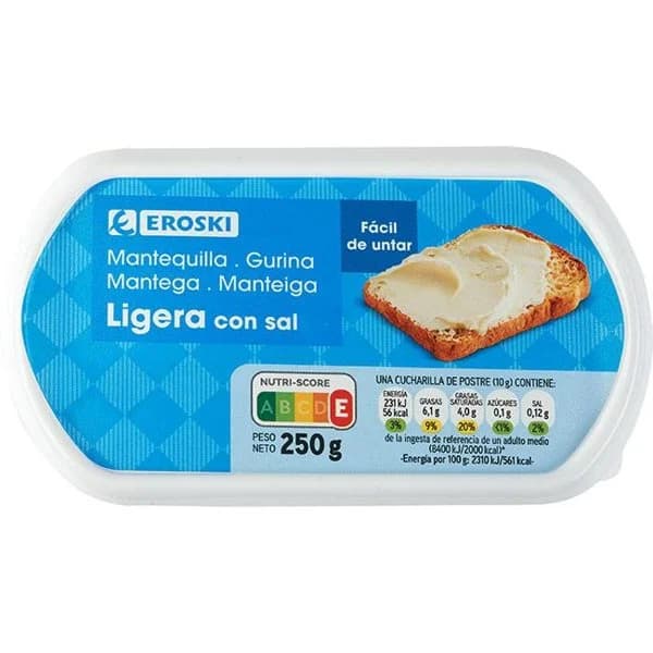 Mantequilla ligera con sal EROSKI, tarrina 250 g - 1 ud - Imagen del producto en Findit