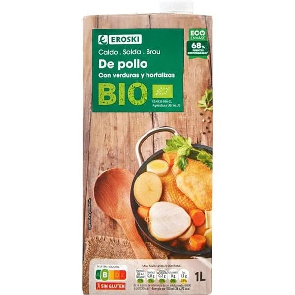 Caldo de pollo ecológico EROSKI BIO, brik 1 litro - 1 ud - Imagen del producto en Findit