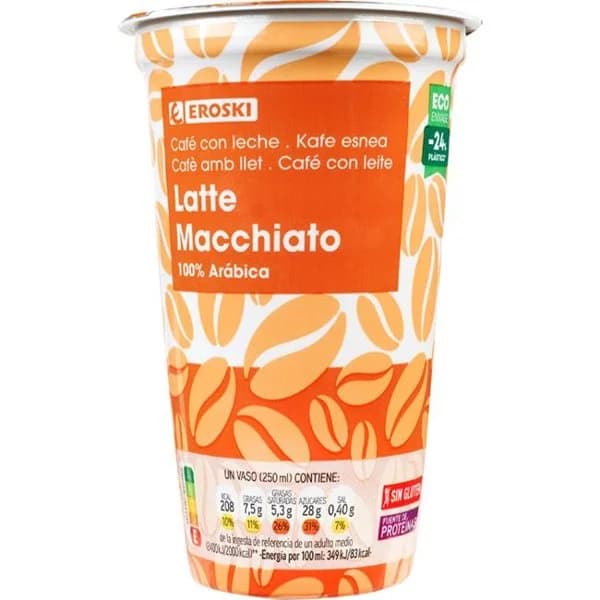 Café latte macchiato EROSKI, vaso 250 ml - 0.25 l - Imagen del producto en Findit