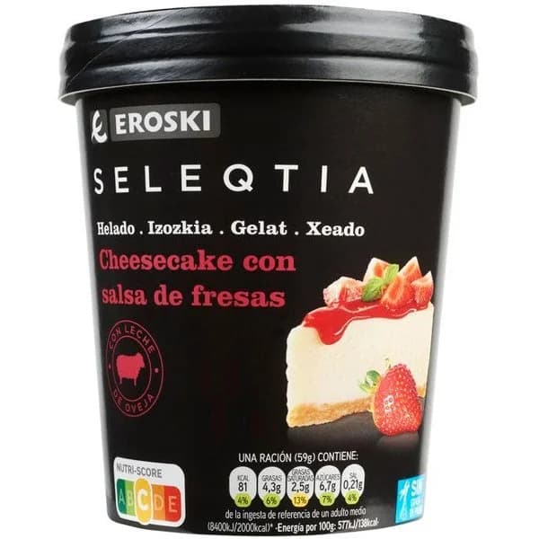 Helado cheesecake con salsa de fresa SELEQTIA, tarrina 390 g - 0.39 kg - Imagen del producto en Findit