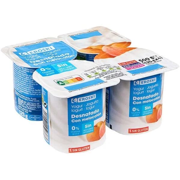 Yogur desnatado con melocotón EROSKI, pack 4x125 g - 1 ud - Imagen del producto en Findit