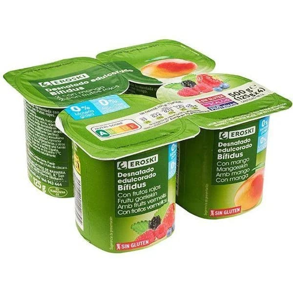 Bífidus 0% con mango y frutos rojos EROSKI, pack 4x125 g - 1 ud - Imagen del producto en Findit