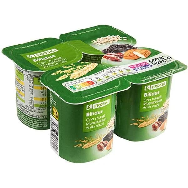 Bífidus fibras con muesli EROSKI, pack 4x125 g - 1 ud - Imagen del producto en Findit