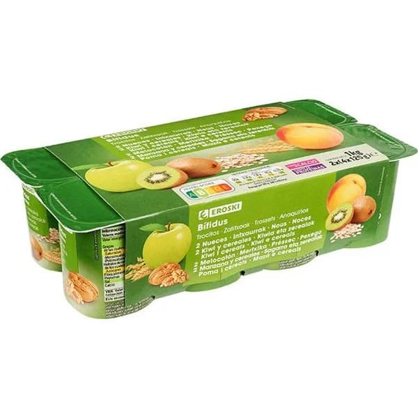 Bífidus con melocotón-manzana-kiwi-cereal EROSKI, pack 8x125 g - 1 ud - Imagen del producto en Findit