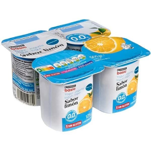 Yogur desnatado sabor limón EROSKI basic, pack 4x125 g - 1 ud - Imagen del producto en Findit
