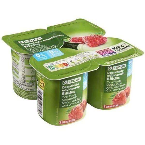 Bífidus 0% 0% con fresa EROSKI, pack 4x125 g - 1 ud - Imagen del producto en Findit